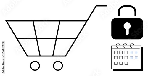 Shopping cart with wheels, secure lock, and calendar icon. Ideal for e-commerce, shopping security, payment planning, online transactions, scheduling business retail. Simple flat metaphor