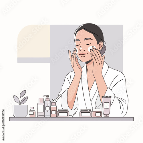 skincare routine illustration of a woman applying face cream