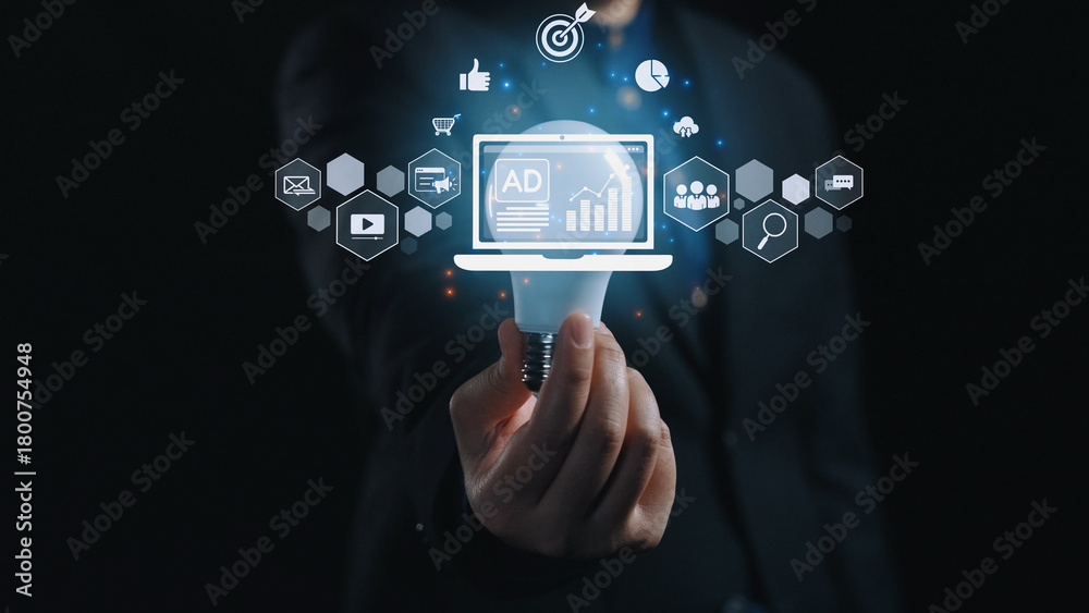 Fototapeta premium Online ads and digital marketing help brands grow. Content marketing builds engagement. Marketing tools boost ROI. Effective ads and marketing drive online business success. Elide