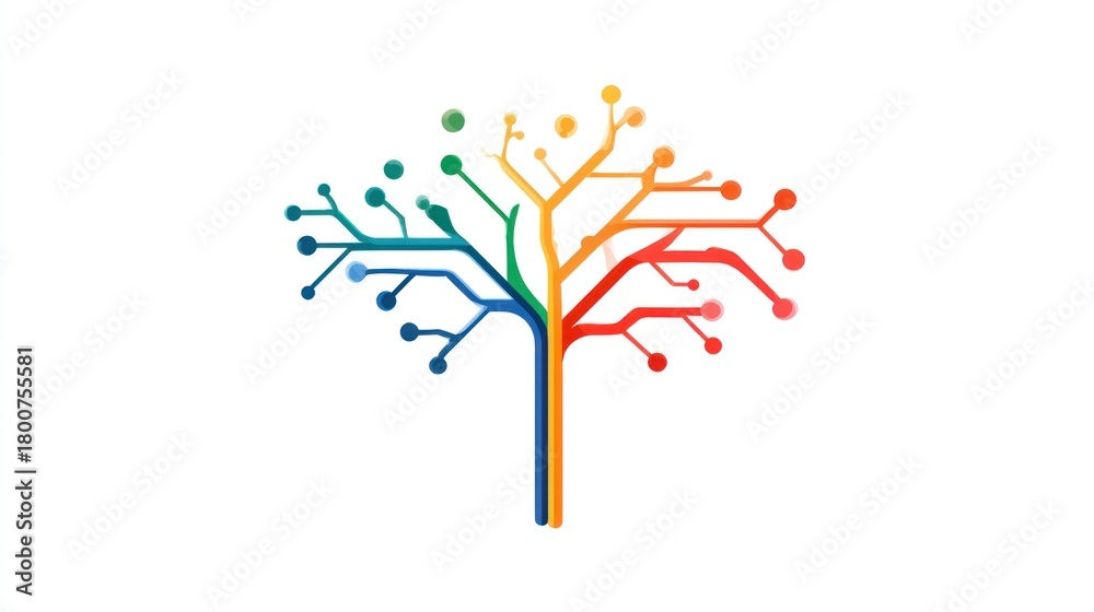 Obraz premium A colorful tree with branches and leaves, set against a white background with a gradient of colors.