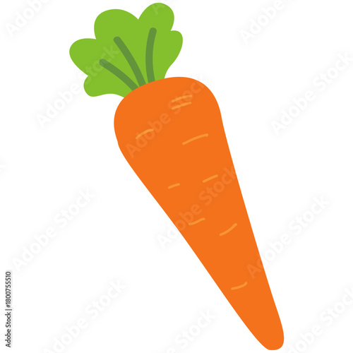 A bright orange carrot illustrated in a simple flat style, representing fresh vegetables, organic produce, natural ingredients, healthy food, and nutritious garden harvest elements.