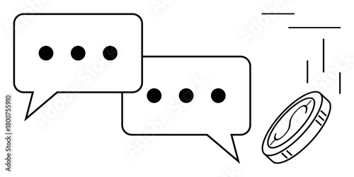 Two speech bubbles with ellipses next to a coin dropping, symbolizing online communication and transactions. Ideal for finance, business, networking, innovation, digital marketing, e-commerce, simple