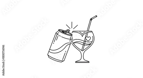 Hand drawn outline of a soda can and a cocktail glass