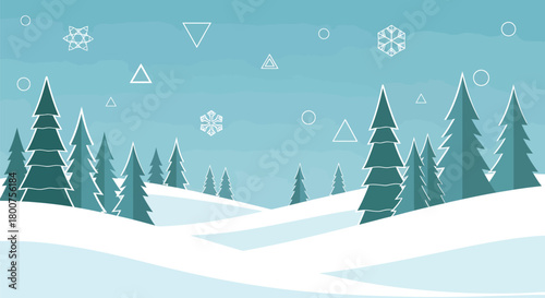 Winter Landscape with Snow-Covered Hills and Evergreen Trees.