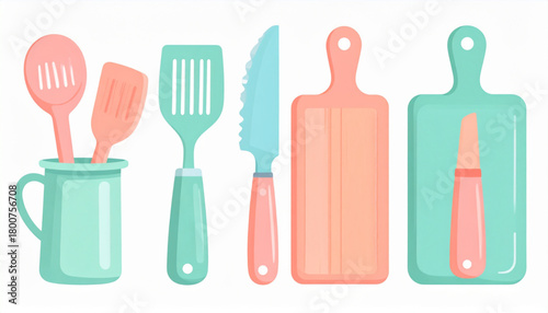 Pastel Peach & Mint Flat Icons of Kitchen Utensils Set