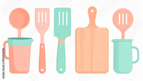 Pastel Peach & Mint Flat Icons of Kitchen Utensils Set