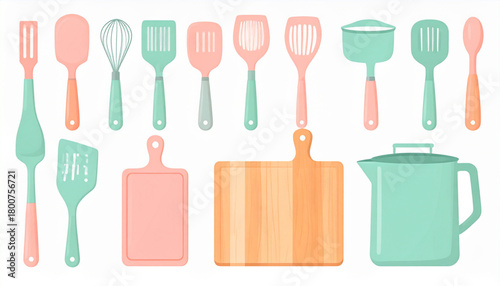 Pastel Peach & Mint Flat Icons of Kitchen Utensils Set