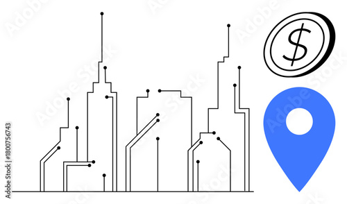 Urban cityscape with technology circuits, blue geolocation pin, and dollar coin. Ideal for smart city, innovation, connectivity, data, economy urban planning and digital transformation. Simple flat