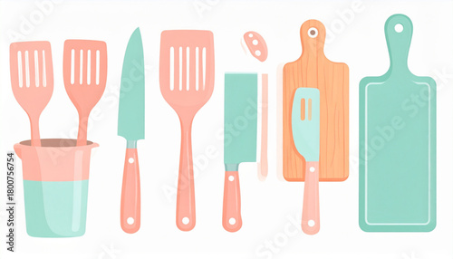 Pastel Peach & Mint Flat Icons of Kitchen Utensils Set