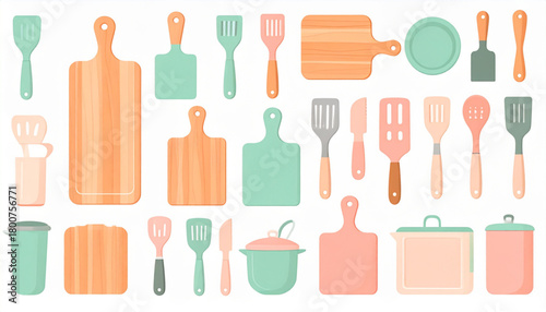 Pastel Peach & Mint Flat Icons of Kitchen Utensils Set