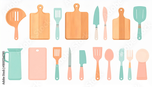 Pastel Peach & Mint Flat Icons of Kitchen Utensils Set