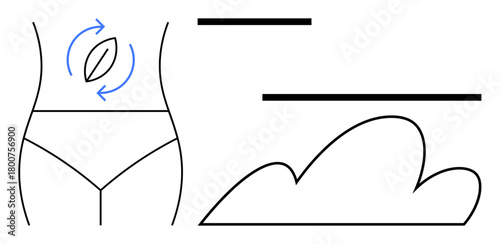 Female body outline with rotating leaf symbolizing wellness, detox, or health improvement. Lines and shapes create minimal composition. Ideal for wellness brands, mindfulness, health, detox