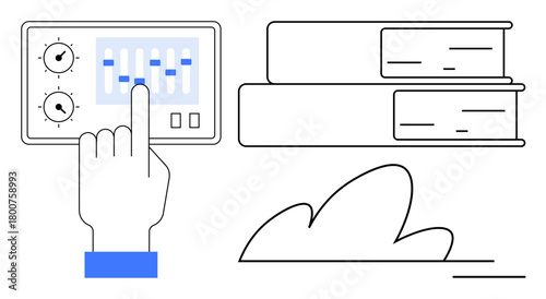 Hand interacts with an audio mixer, two stacked books, abstract cloud shape. Ideal for education, learning, media production, technology, creativity digital tools organization. Simple flat metaphor