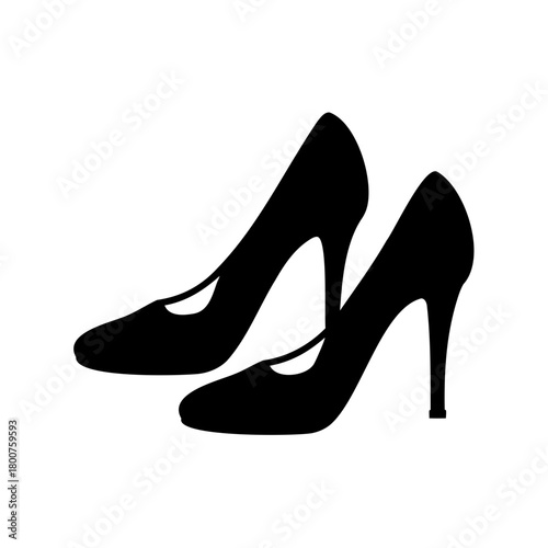 Elegant pair of black high heel shoes in silhouette on white background
