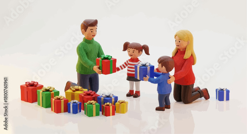 A joyous 3D illustration of a family celebrating, exchanging colorful presents, and surrounded by a pile of gifts, embodying the spirit of giving and togetherness