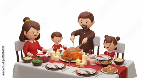 Family Thanksgiving Dad carving roast turkey at dinner table
