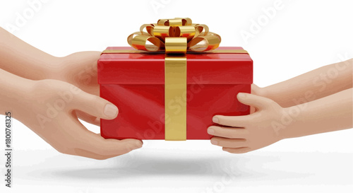 An adult's hands gently giving a beautifully wrapped red gift box with a golden bow to a small child's hands, symbolizing love and generosity