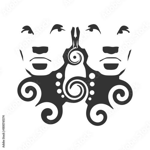 Two young women face front view. Melted with spiral and decorated by curls. Elegant silhouette of a female heads. Split personality disorder.