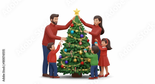 A cheerful 3D illustration of a family in matching red outfits joyfully decorating a Christmas tree together, isolated on a white background