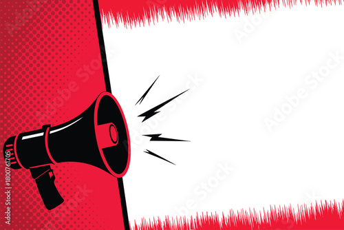 A black megaphone emits sound waves against a red and white background with a halftone pattern, conveying a message or announcement.