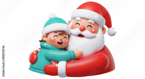 A heartwarming 3D illustration of a joyful Santa Claus embracing a happy child, embodying the festive spirit and wonder of the holiday season with delightful smiles