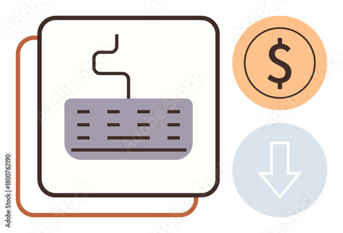 Keyboard alongside a dollar sign and downward arrow symbolizes online payment, cost savings, e-commerce, financial management, digital transactions, budget control, and market affordability. A simple