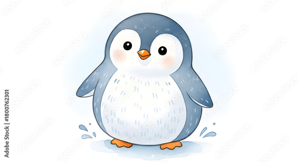 Obraz premium Adorable cartoon penguin bundled up for winter in a cozy blue hat and scarf, perfect for holiday cards and festive designs