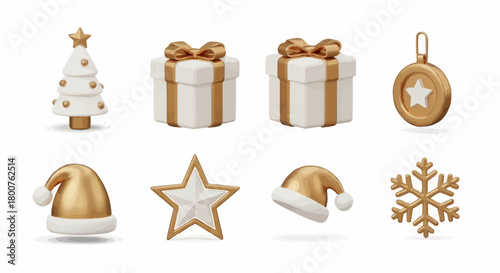 Festive Christmas Decorations Gifts, Tree, and Winter Elements in Gold and White