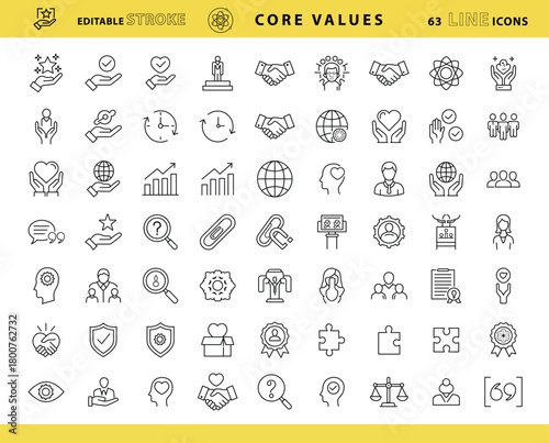 Collection of hand drawn icons representing core values and business concepts in a grid layout