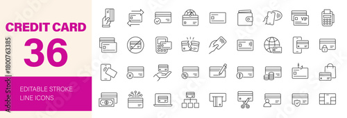 Credit card icon set. Editable line icons. Vector illustration.