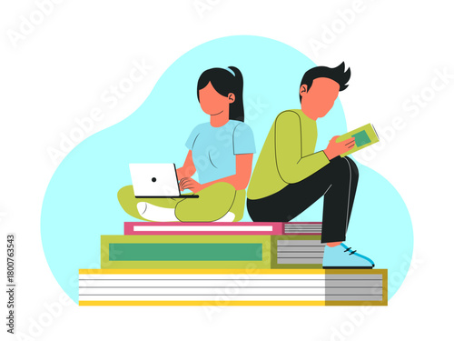 Male and female students are studying, sitting on a large book. Back to school vector illustration. Flat illustration concept.