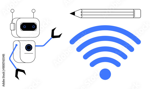 Robot with antennae and mechanical arms gestures near a pencil and wireless symbol, representing technology-driven creativity and digital innovation. Ideal for AI, automation, remote work, education