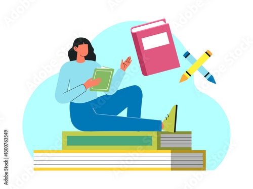 female student is holding a book she is sitting on a large pile of books. Back to school vector illustration. Flat illustration concept.