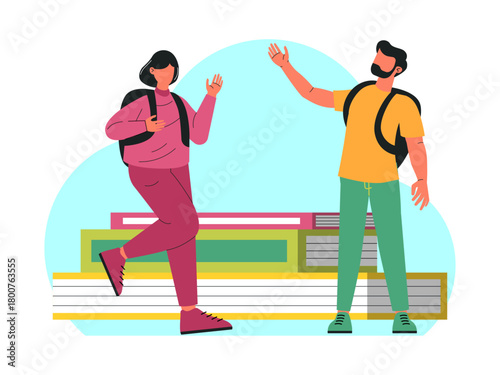 Male and female students are greeting each other. Back to school vector illustration. Flat illustration concept.