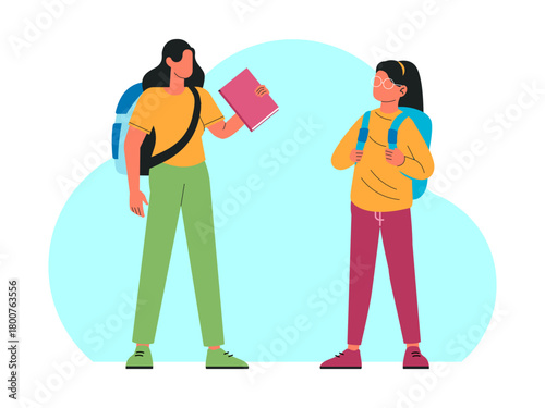 Female student is carrying a book he wants to ask his friend about his homework. Back to school vector illustration. Flat illustration concept.