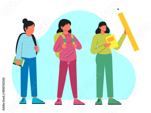 Three female students are standing side by side one of them carrying a large pencil and holding a book. Back to school vector illustration. Flat illustration concept.