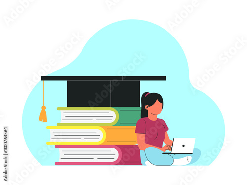 Female student is sitting with her laptop on her lap. Back to school vector illustration. Flat illustration concept.