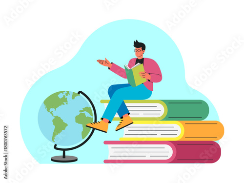 Male student is reading a book while sitting on a large book. Back to school vector illustration. Flat illustration concept.