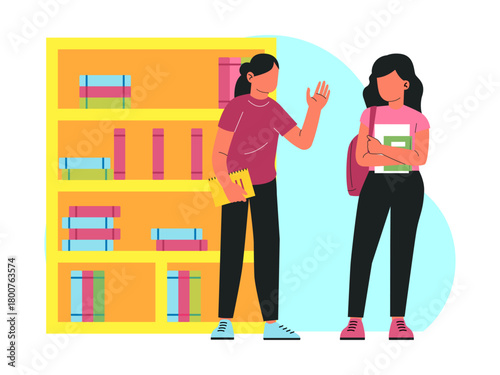 Two female students chatting about their studies are standing in the library carrying books. Back to school vector illustration. Flat illustration concept.