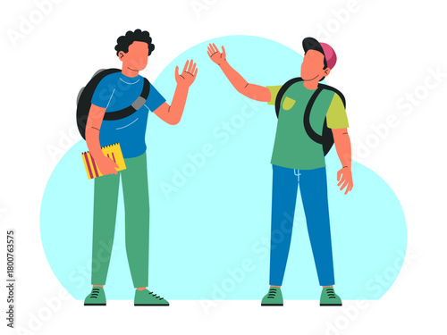 Two male students greet each other and going home together. Back to school vector illustration. Flat illustration concept.