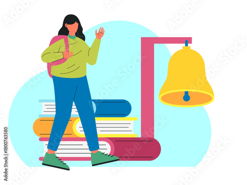Female student is waving her hand she is carrying her backpack, there is also a large pile of books and a large bell. Back to school vector illustration. Flat illustration concept.