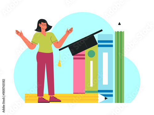 Female student is standing next to some large books and on top of them is a graduation hat. Back to school vector illustration. Flat illustration concept.