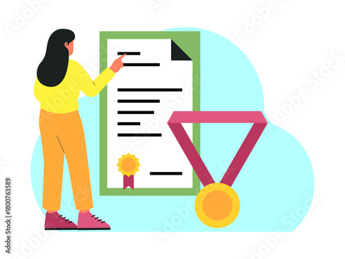 Female student is looking at the big charter in front of her. Back to school vector illustration. Flat illustration concept.
