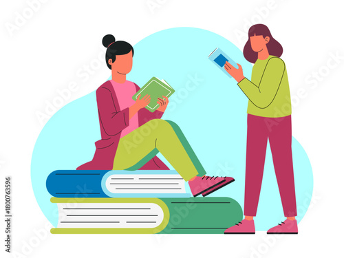 Female students are reading books, some are standing and sitting on some large books. Back to school vector illustration. Flat illustration concept.