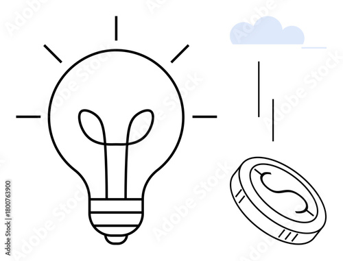 Light bulb radiating ideas, falling coin symbolizing financial opportunity, cloud overhead. Ideal for innovation, investment, business growth, creativity, opportunity economy success. Simple flat