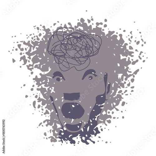 Psychotherapy, stress and psychosis. Human head in profile with a tangled ball of nerves, scribbles symbolizing a depressed state of a person. Psychological help. Personality disorder and depression.
