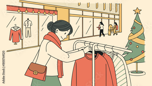 Woman shopping for clothes at an outdoor rack near a decorated christmas tree in a shopping center