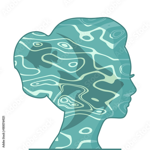 Top view of the blue and bright turquoise sea. Double exposure portrait of young woman and sea surface.