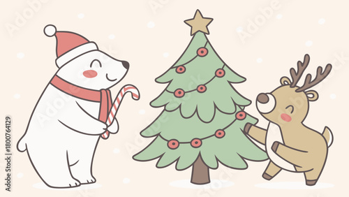 Cartoon christmas scene with polar bear reindeer and decorated christmas tree in soft pastel colors