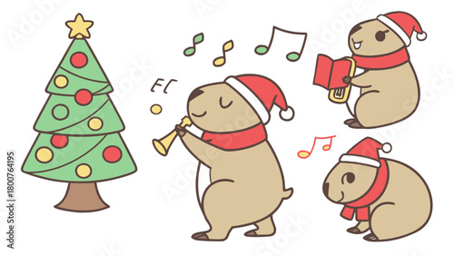 Festive prairie dogs celebrating christmas with music and a decorated christmas tree cheerfully